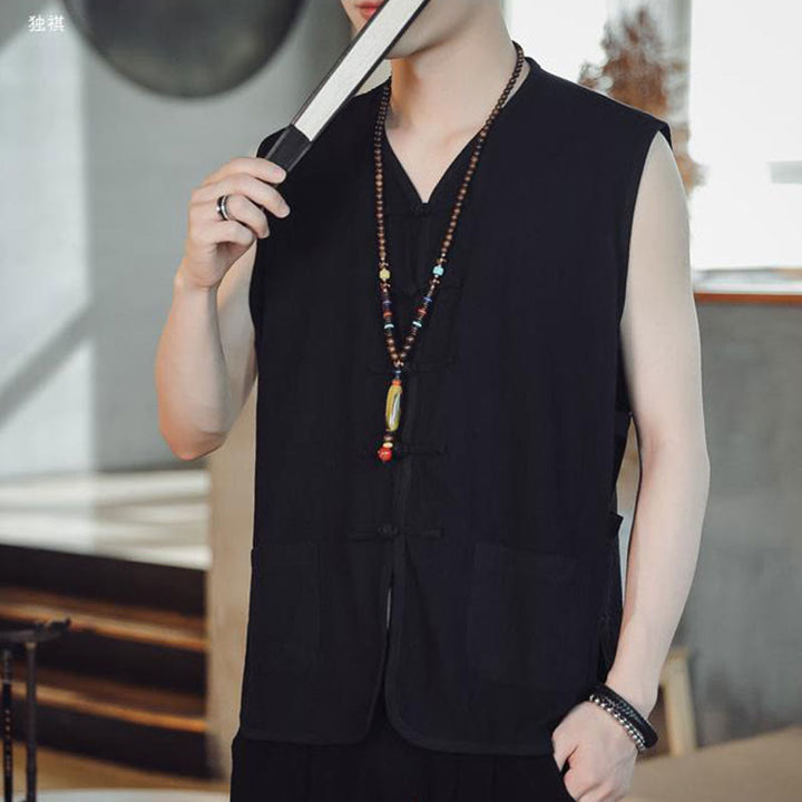 Gilet da uomo in cotone con tasche, stile casual cinese, con bottoni a forma di rana , Buddha Stones