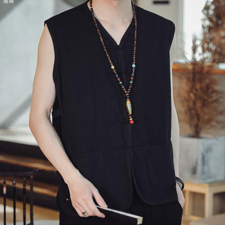 Gilet da uomo in cotone con tasche, stile casual cinese, con bottoni a forma di rana , Buddha Stones