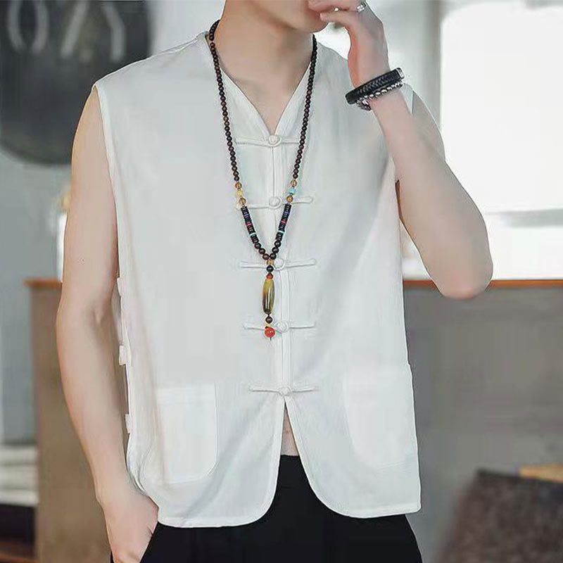 Gilet da uomo in cotone con tasche, stile casual cinese, con bottoni a forma di rana , Buddha Stones