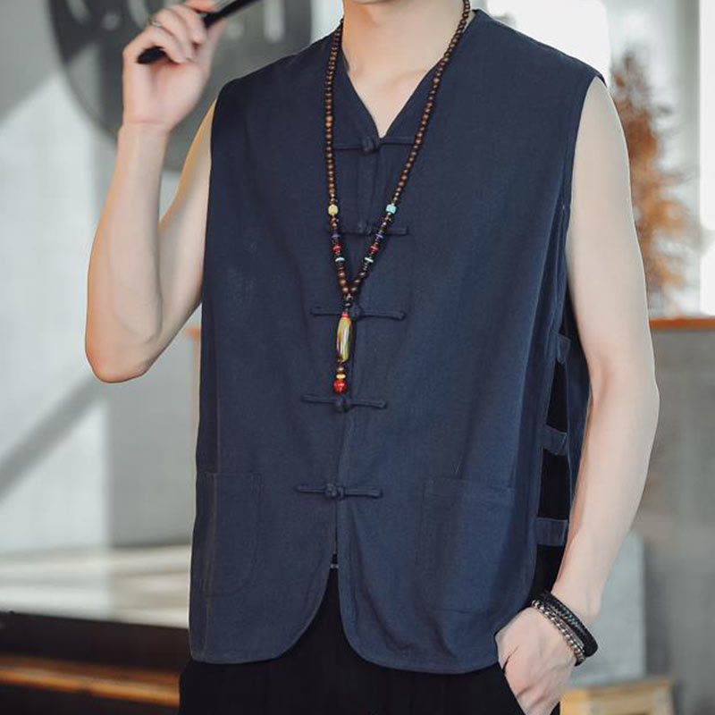 Gilet da uomo in cotone con tasche, stile casual cinese, con bottoni a forma di rana , Buddha Stones