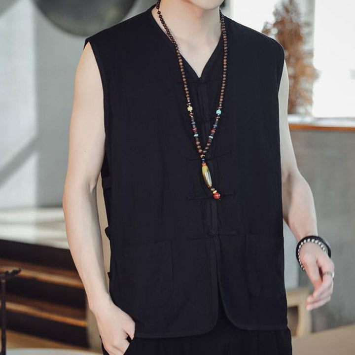 Gilet da uomo in cotone con tasche, stile casual cinese, con bottoni a forma di rana , Buddha Stones