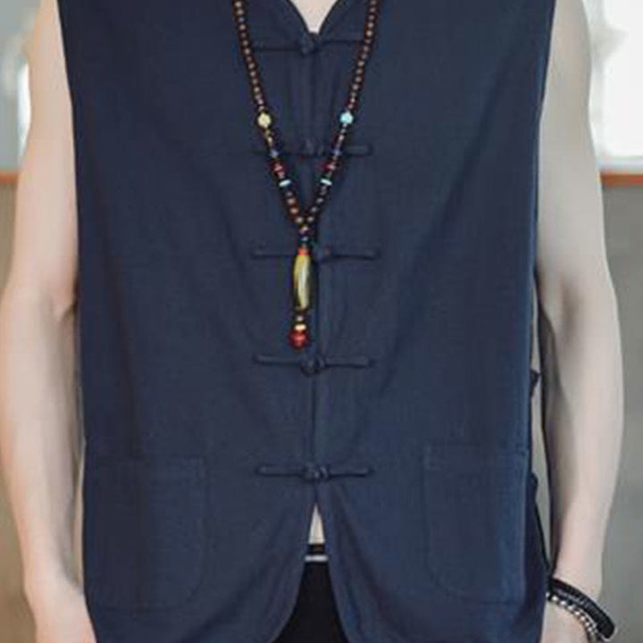 Gilet da uomo in cotone con tasche, stile casual cinese, con bottoni a forma di rana , Buddha Stones