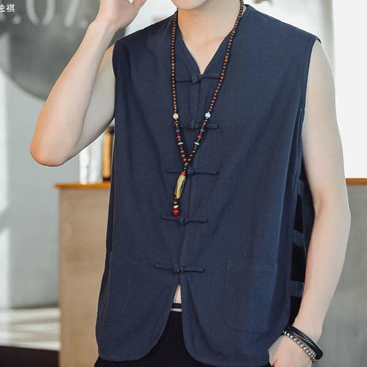 Gilet da uomo in cotone con tasche, stile casual cinese, con bottoni a forma di rana , Buddha Stones