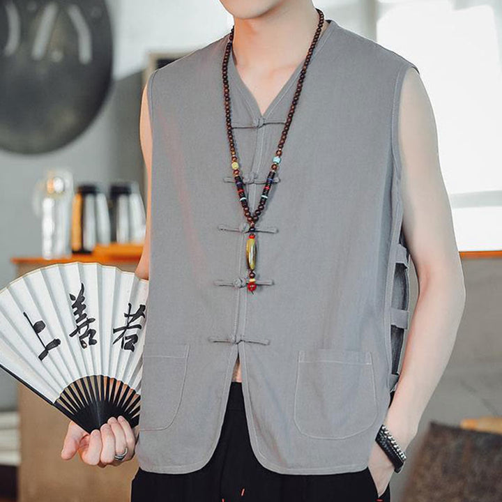 Gilet da uomo in cotone con tasche, stile casual cinese, con bottoni a forma di rana , Buddha Stones