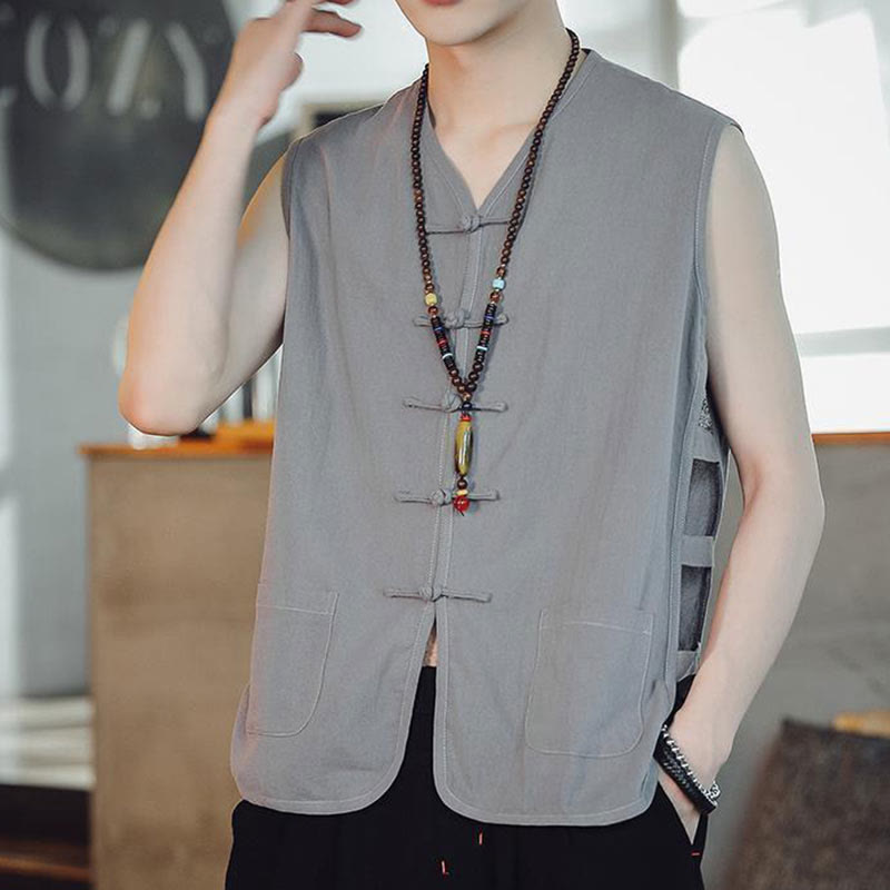 Gilet da uomo in cotone con tasche, stile casual cinese, con bottoni a forma di rana , Buddha Stones