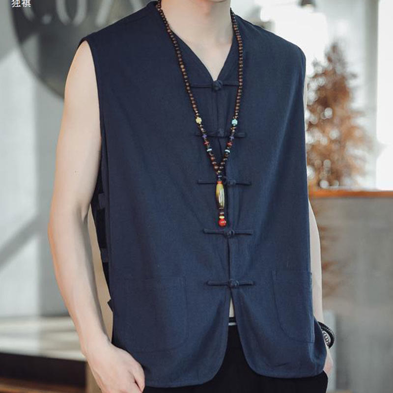 Gilet da uomo in cotone con tasche, stile casual cinese, con bottoni a forma di rana , Buddha Stones