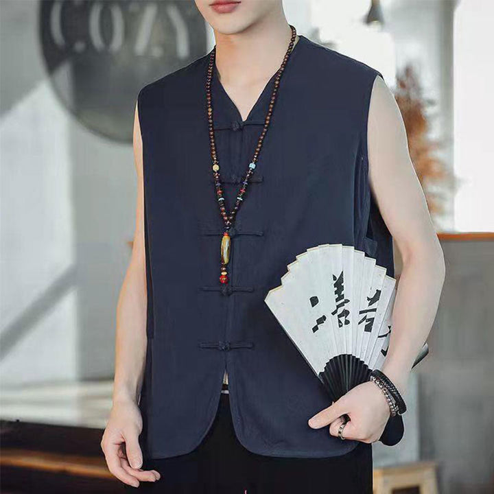Gilet da uomo in cotone con tasche, stile casual cinese, con bottoni a forma di rana , Buddha Stones