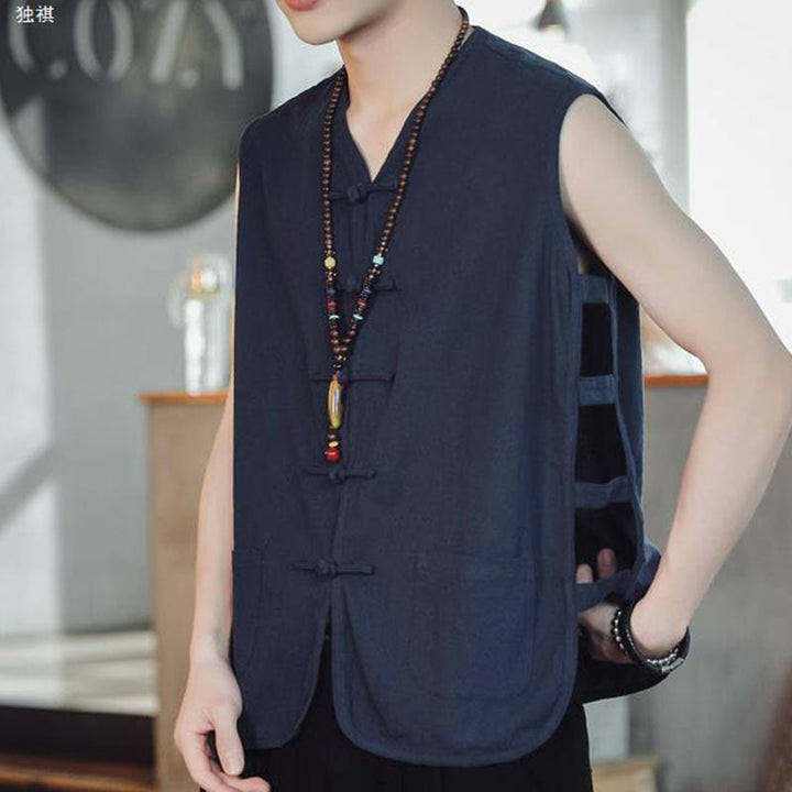 Gilet da uomo in cotone con tasche, stile casual cinese, con bottoni a forma di rana , Buddha Stones