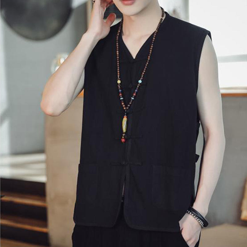 Gilet da uomo in cotone con tasche, stile casual cinese, con bottoni a forma di rana , Buddha Stones