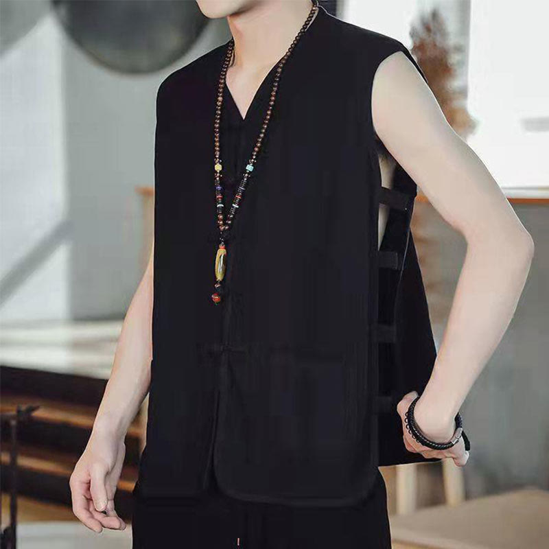 Gilet da uomo in cotone con tasche, stile casual cinese, con bottoni a forma di rana , Buddha Stones