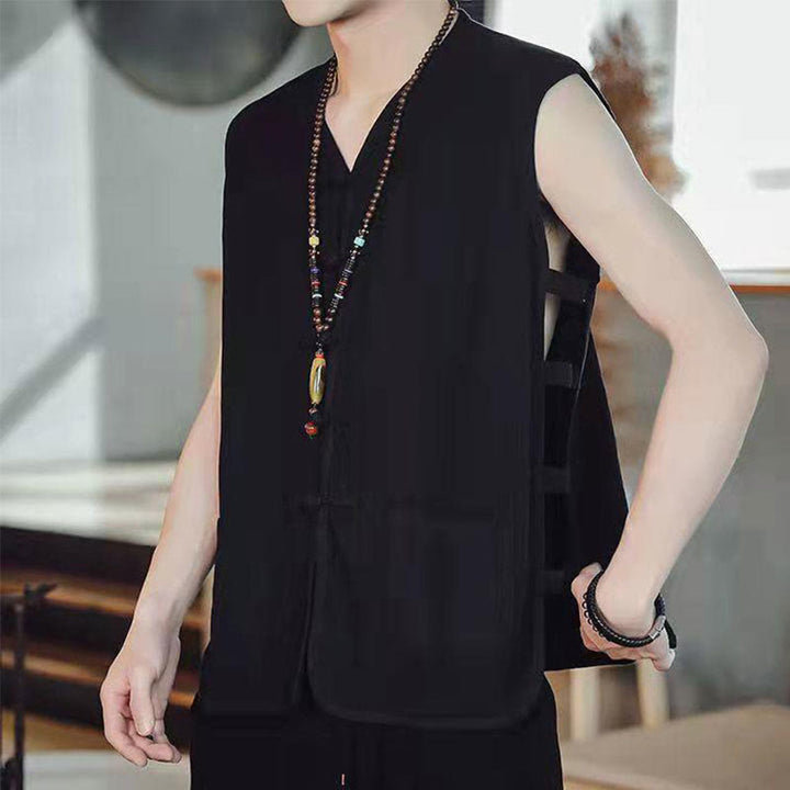 Gilet da uomo in cotone con tasche, stile casual cinese, con bottoni a forma di rana , Buddha Stones