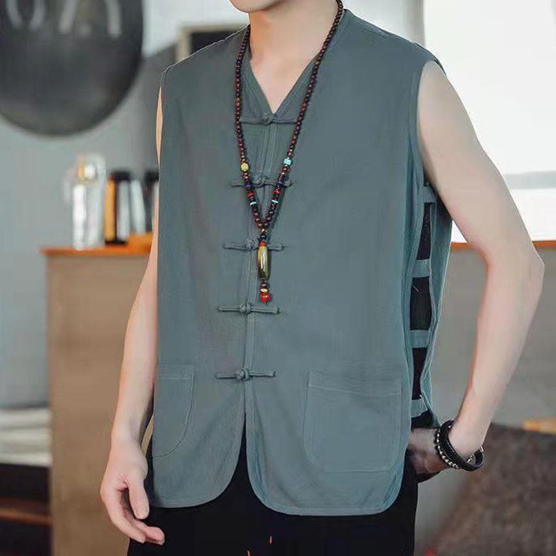 Gilet da uomo in cotone con tasche, stile casual cinese, con bottoni a forma di rana , Buddha Stones