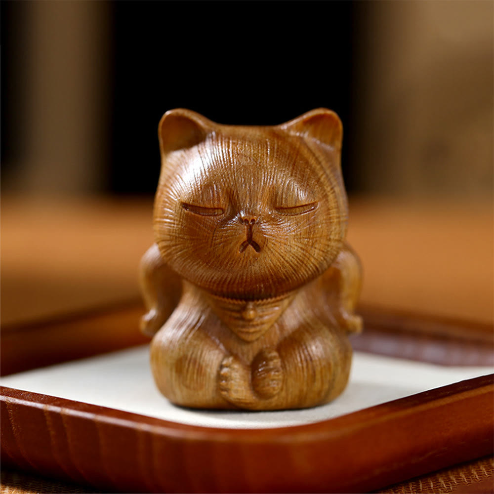 Buddha Stones, piccole, mini, in legno di sandalo verde, gatto portafortuna intagliato, decorazioni rilassanti - Sandalo verde 5*3,8*3,6 cm - image 1