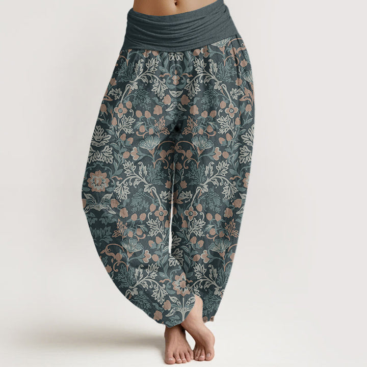 Pantaloni harem da donna con elastico in vita, in puro cotone, con motivo a foglie di vite e fiori, stile casual, motivo Buddha Stones