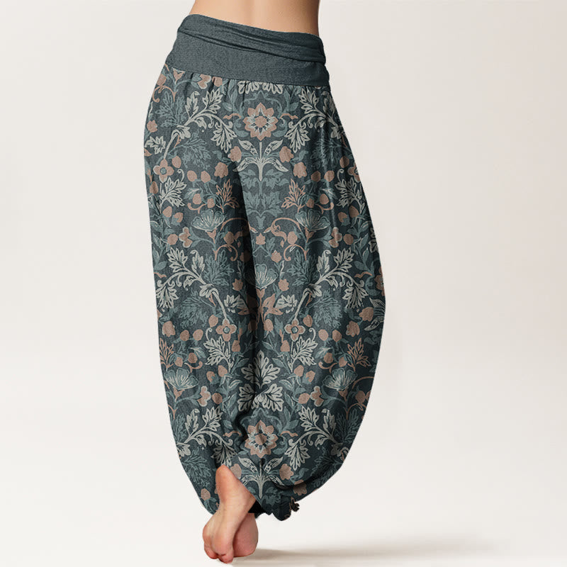 Pantaloni harem da donna con elastico in vita, in puro cotone, con motivo a foglie di vite e fiori, stile casual, motivo Buddha Stones