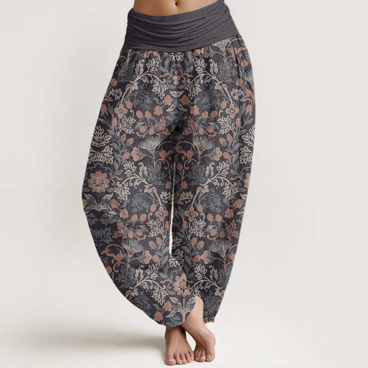 Pantaloni harem da donna con elastico in vita, in puro cotone, con motivo a foglie di vite e fiori, stile casual, motivo Buddha Stones