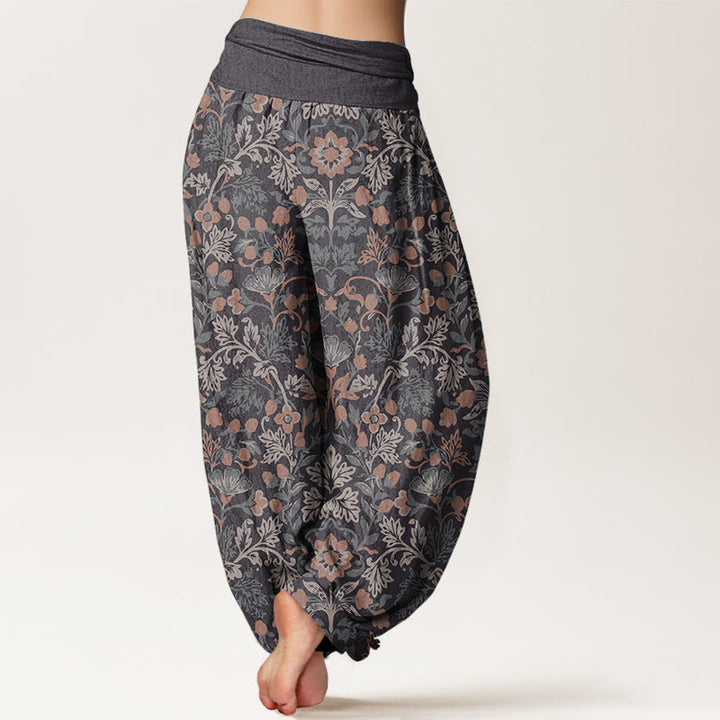 Pantaloni harem da donna con elastico in vita, in puro cotone, con motivo a foglie di vite e fiori, stile casual, motivo Buddha Stones