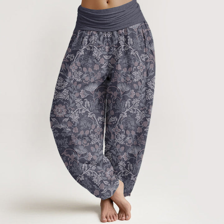 Pantaloni harem da donna con elastico in vita, in puro cotone, con motivo a foglie di vite e fiori, stile casual, motivo Buddha Stones