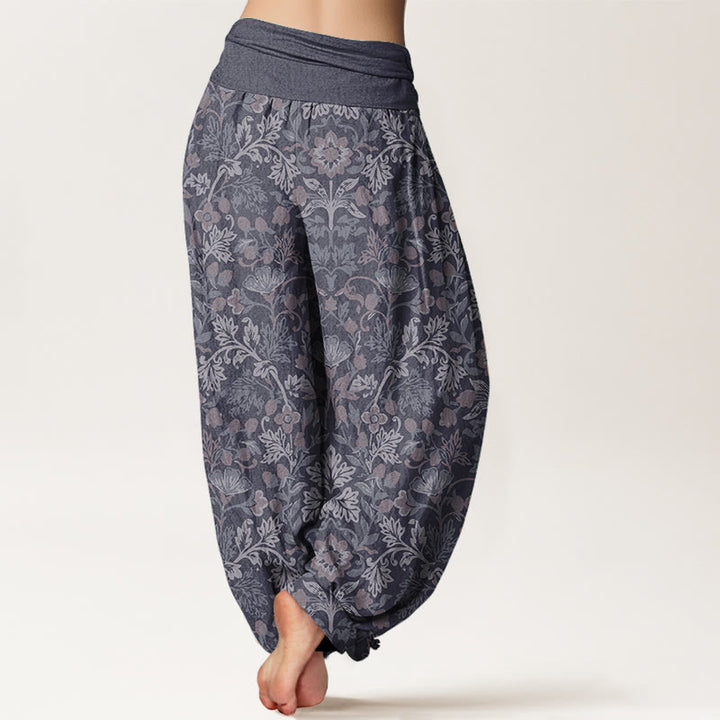 Pantaloni harem da donna con elastico in vita, in puro cotone, con motivo a foglie di vite e fiori, stile casual, motivo Buddha Stones