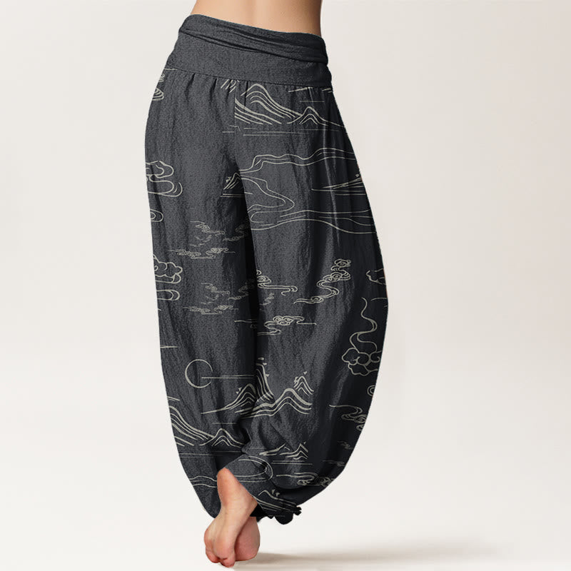 Pantaloni harem da donna con elastico in vita, in puro cotone, con motivo a nuvole di buon auspicio e montagna, Buddha Stones - image 1