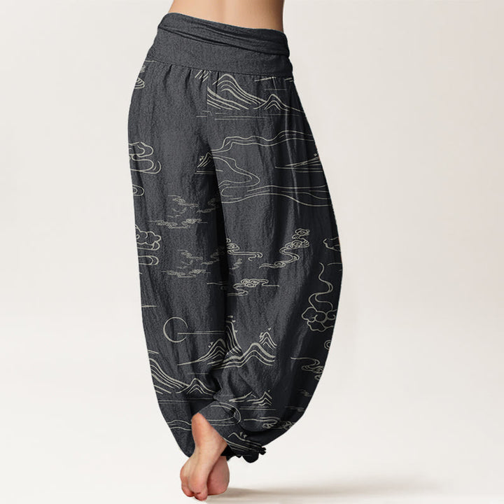 Pantaloni harem da donna con elastico in vita, in puro cotone, con motivo a nuvole di buon auspicio e montagna, Buddha Stones