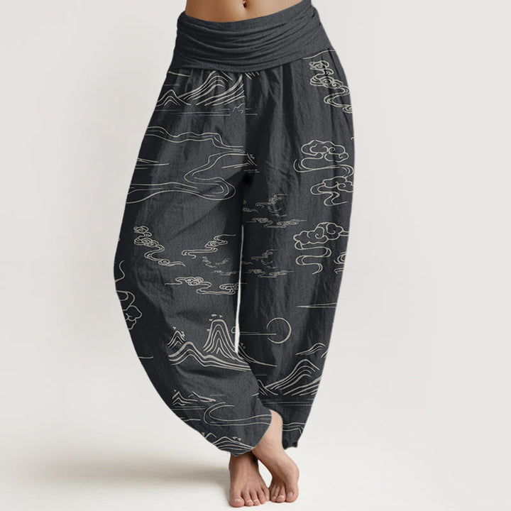 Pantaloni harem da donna con elastico in vita, in puro cotone, con motivo a nuvole di buon auspicio e montagna, Buddha Stones - Grigio ardesia chiaro - US22, UK/AU26, EU54 (6XL) - image 0