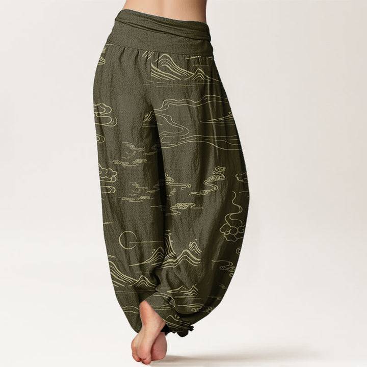 Pantaloni harem da donna con elastico in vita, in puro cotone, con motivo a nuvole di buon auspicio e montagna, Buddha Stones - image 6
