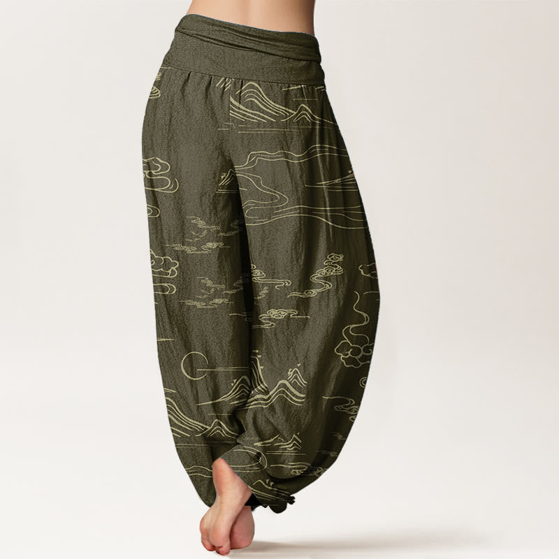 Pantaloni harem da donna con elastico in vita, in puro cotone, con motivo a nuvole di buon auspicio e montagna, Buddha Stones