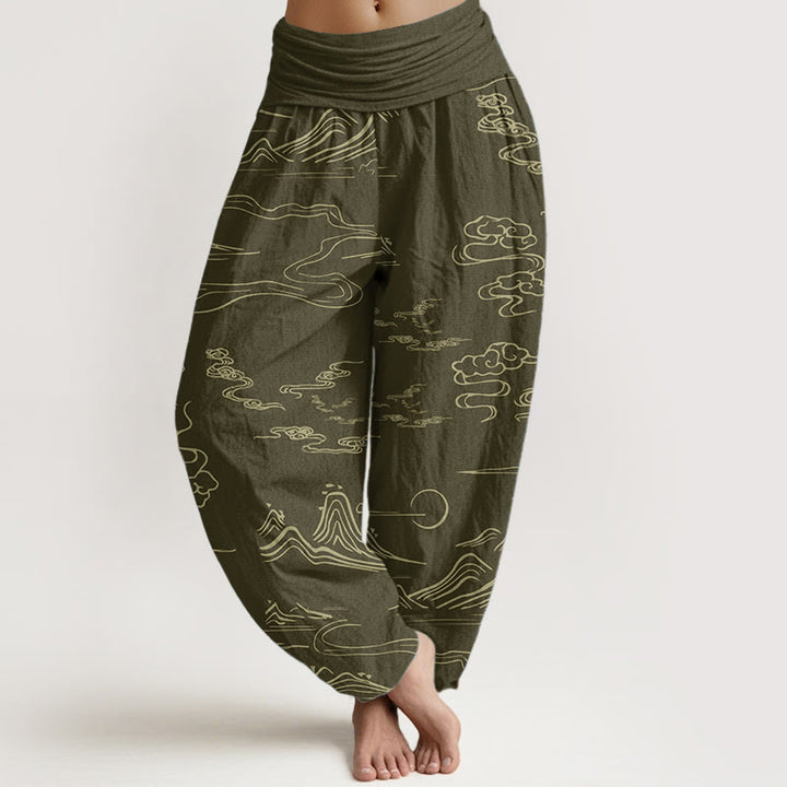 Pantaloni harem da donna con elastico in vita, in puro cotone, con motivo a nuvole di buon auspicio e montagna, Buddha Stones
