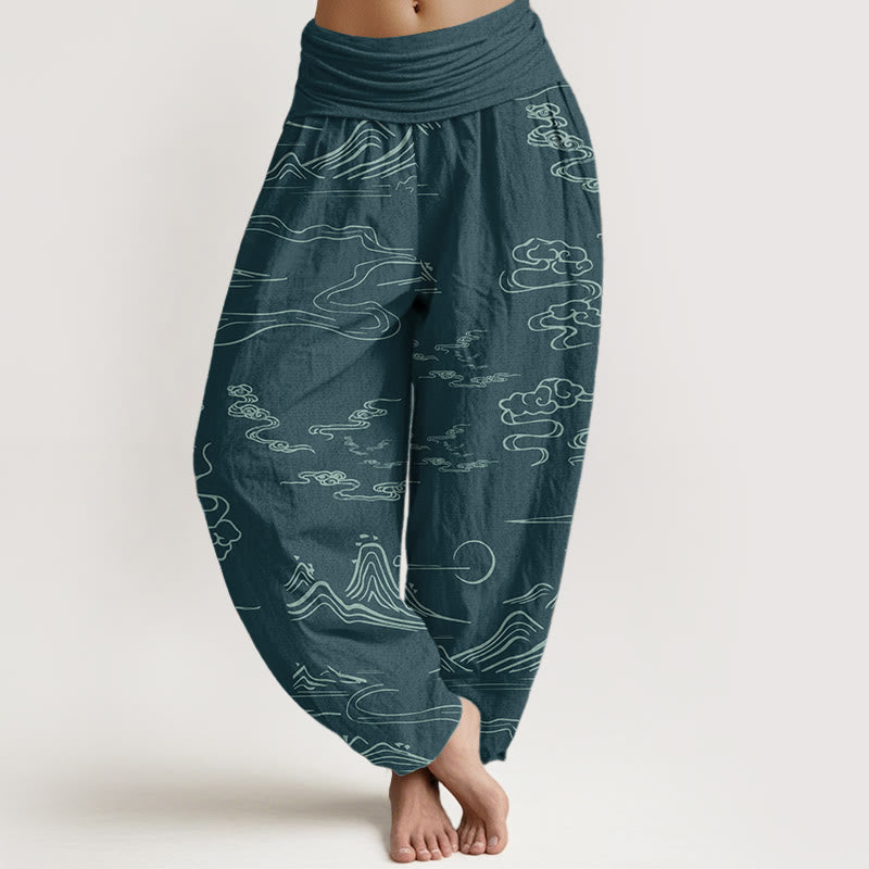 Pantaloni harem da donna con elastico in vita, in puro cotone, con motivo a nuvole di buon auspicio e montagna, Buddha Stones