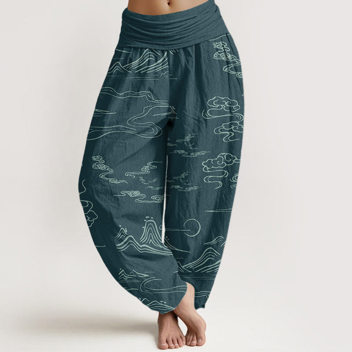 Pantaloni harem da donna con elastico in vita, in puro cotone, con motivo a nuvole di buon auspicio e montagna, Buddha Stones - Ciano scuro - US22, UK/AU26, EU54 (6XL) - image 8