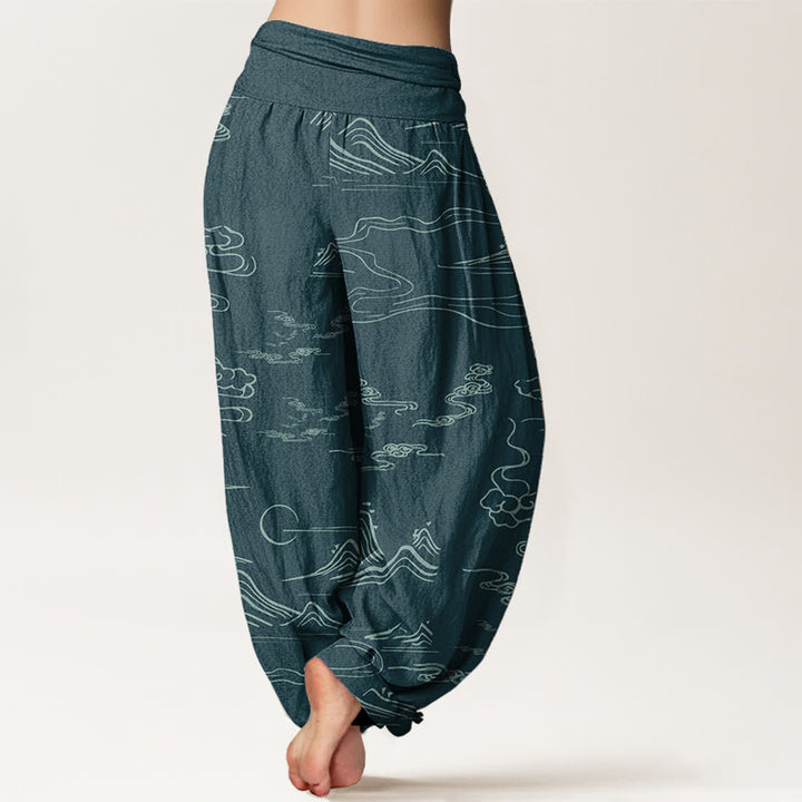 Pantaloni harem da donna con elastico in vita, in puro cotone, con motivo a nuvole di buon auspicio e montagna, Buddha Stones