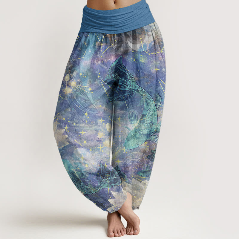Pantaloni harem da donna con elastico in vita, in puro cotone, con motivo a pesce koi, loto, luna e stelle, Buddha Stones - AzzurroCielo Chiaro - US22, UK/AU26, EU54 (6XL) - image 0