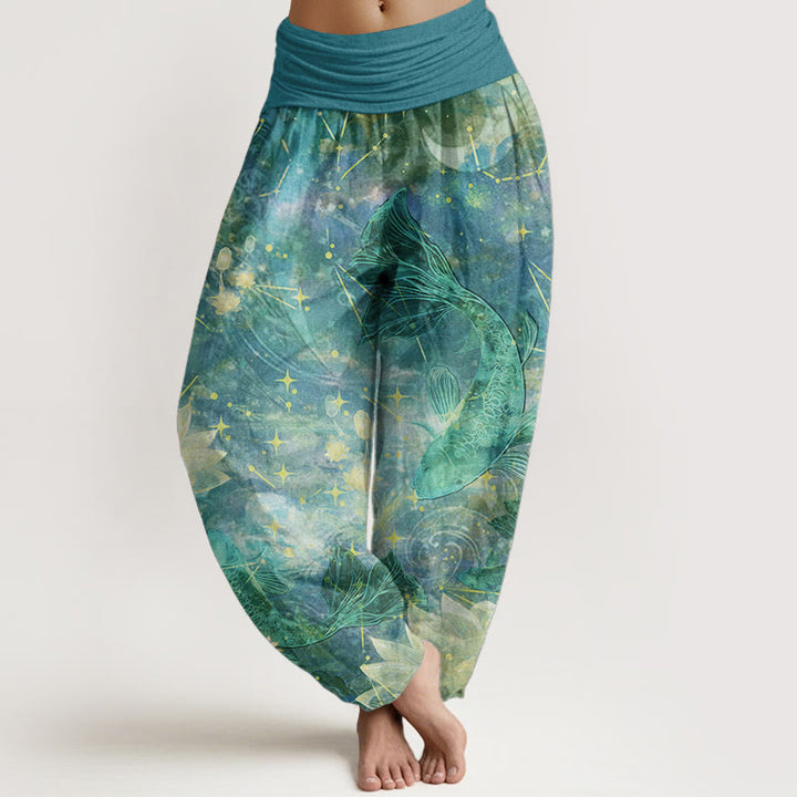 Pantaloni harem da donna con elastico in vita, in puro cotone, con motivo a pesce koi, loto, luna e stelle, Buddha Stones - Turchese medio - US22, UK/AU26, EU54 (6XL) - image 8