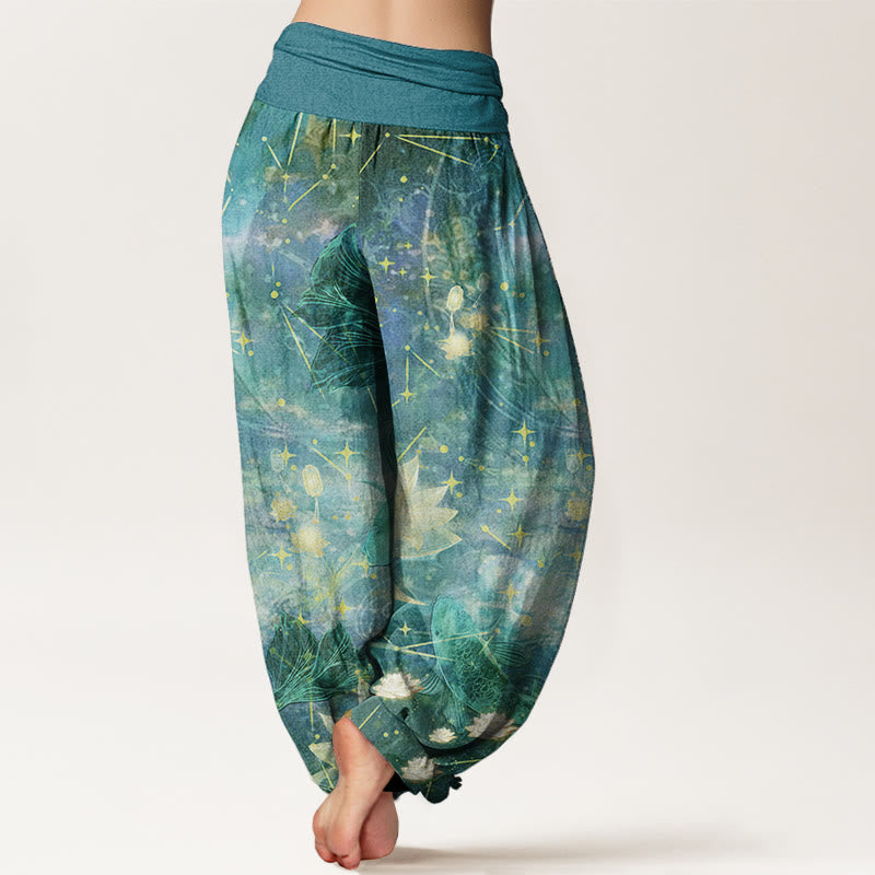 Pantaloni harem da donna con elastico in vita, in puro cotone, con motivo a pesce koi, loto, luna e stelle, Buddha Stones - image 9