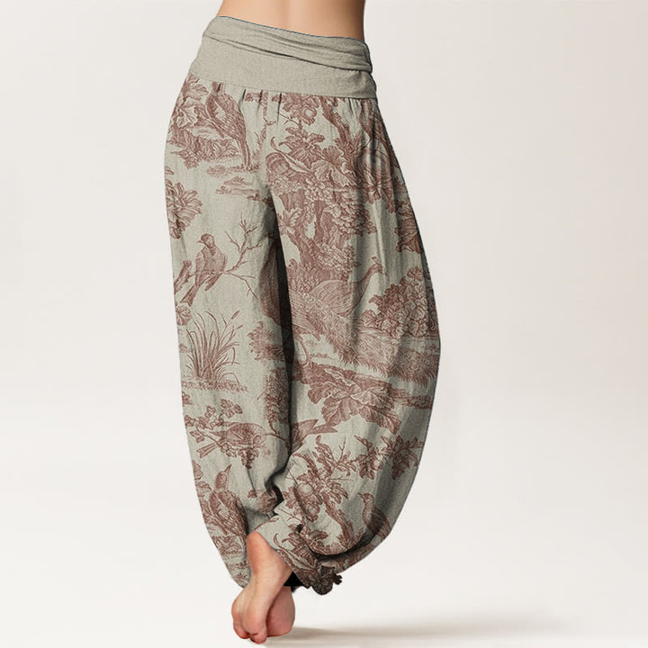 Pantaloni harem da donna in cotone con elastico in vita, motivo Buddha Stones, alberi e rami