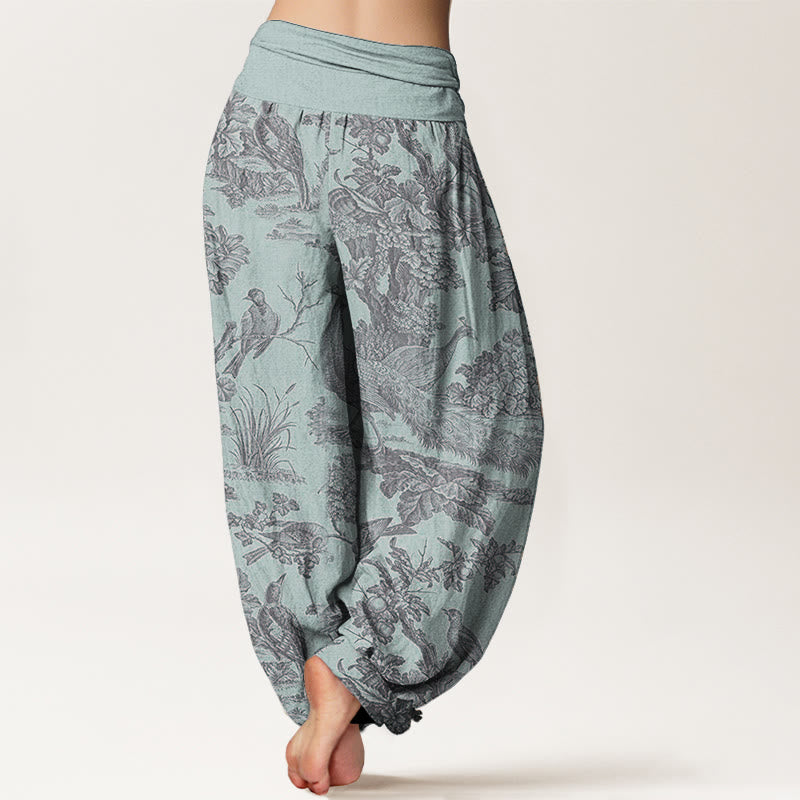 Pantaloni harem da donna in cotone con elastico in vita, motivo Buddha Stones, alberi e rami
