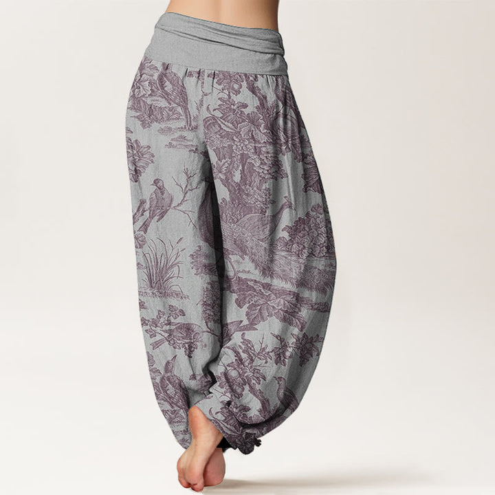 Pantaloni harem da donna in cotone con elastico in vita, motivo Buddha Stones, alberi e rami