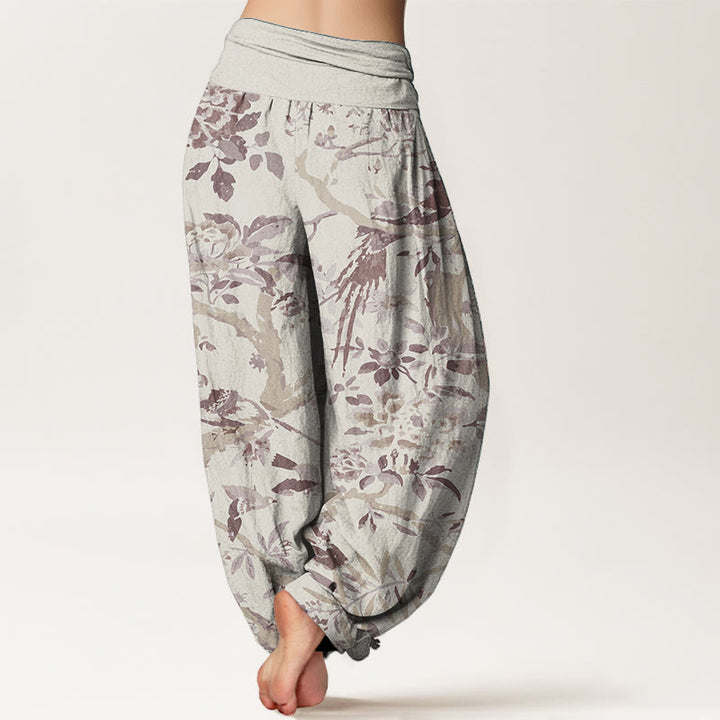 Pantaloni harem da donna in cotone elasticizzato con motivo a Buddha Stones, rami di uccelli e fiori