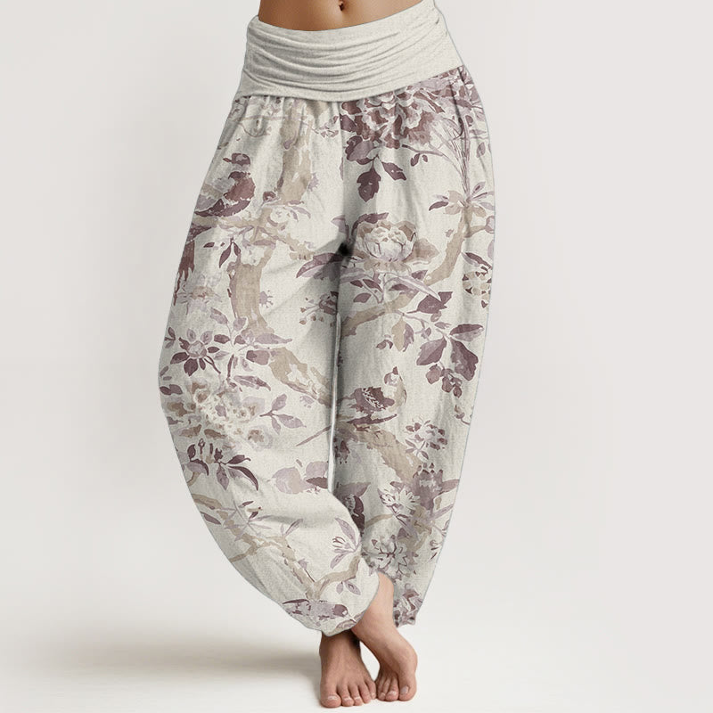 Pantaloni harem da donna in cotone elasticizzato con motivo a Buddha Stones, rami di uccelli e fiori