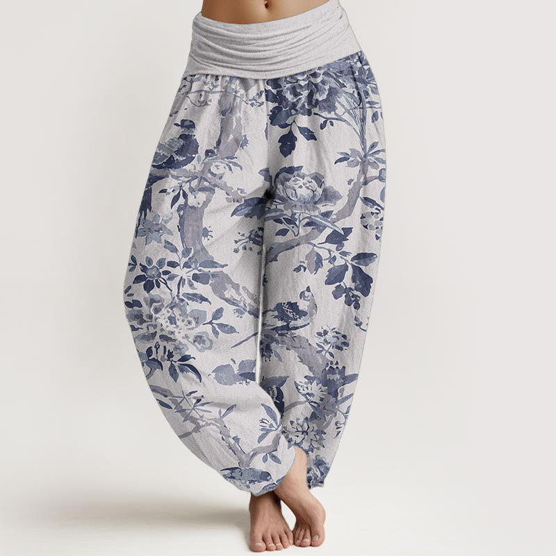 Pantaloni harem da donna in cotone elasticizzato con motivo a Buddha Stones, rami di uccelli e fiori