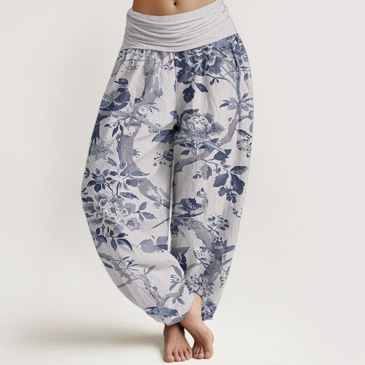 Pantaloni harem da donna in cotone elasticizzato con motivo a Buddha Stones, rami di uccelli e fiori
