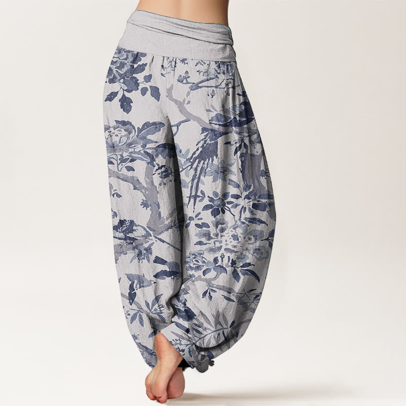 Pantaloni harem da donna in cotone elasticizzato con motivo a Buddha Stones, rami di uccelli e fiori