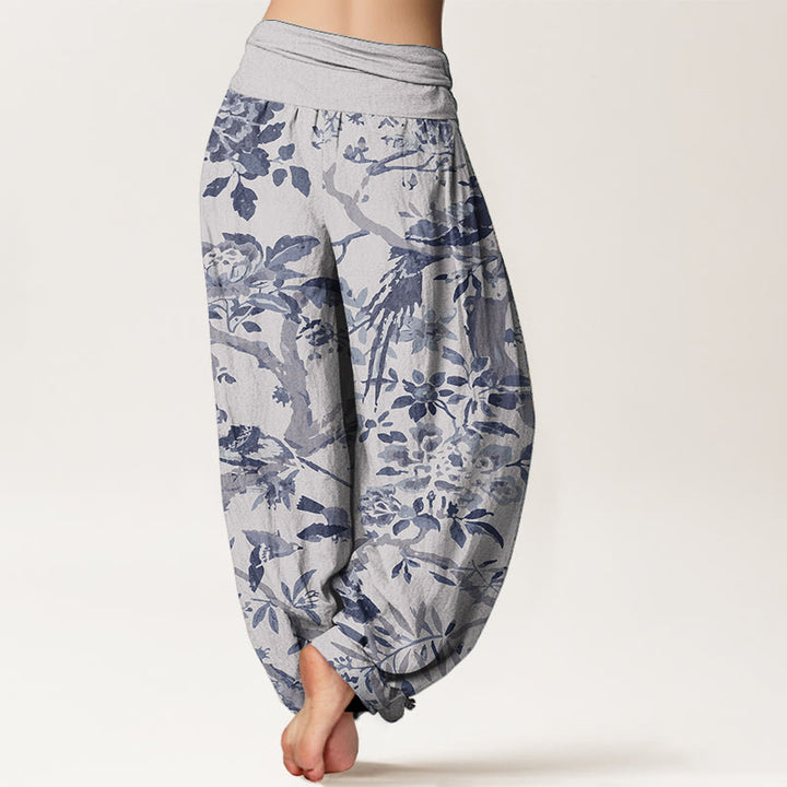 Pantaloni harem da donna in cotone elasticizzato con motivo a Buddha Stones, rami di uccelli e fiori