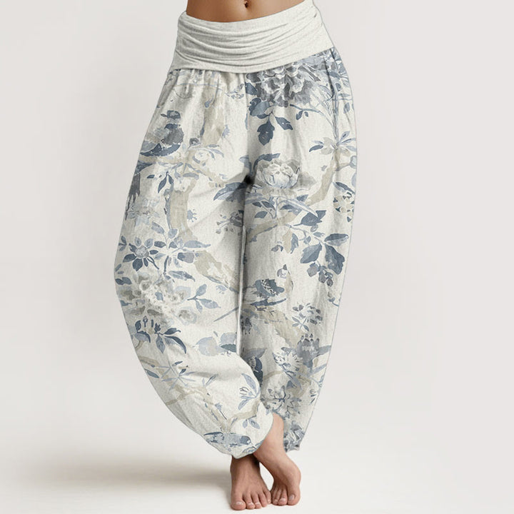 Pantaloni harem da donna in cotone elasticizzato con motivo a Buddha Stones, rami di uccelli e fiori