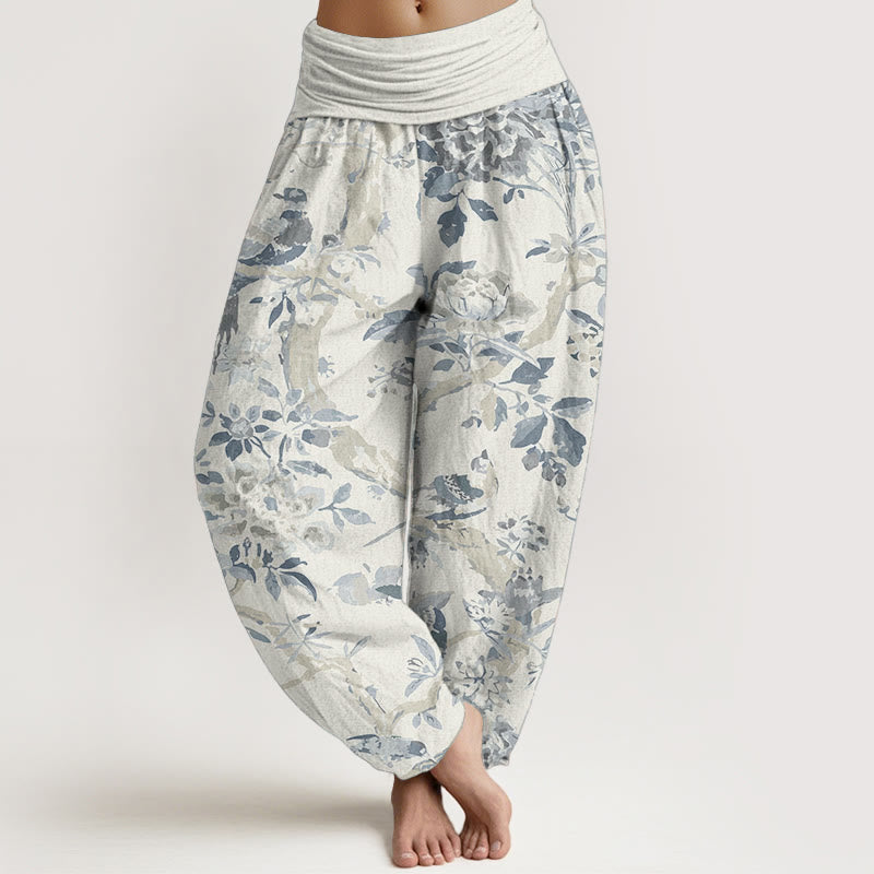 Pantaloni harem da donna in cotone elasticizzato con motivo a Buddha Stones, rami di uccelli e fiori - Seta di mais - US22, UK/AU26, EU54 (6XL) - image 0