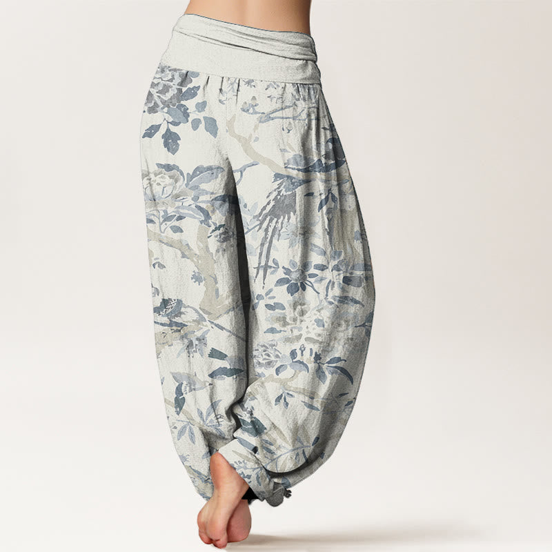 Pantaloni harem da donna in cotone elasticizzato con motivo a Buddha Stones, rami di uccelli e fiori