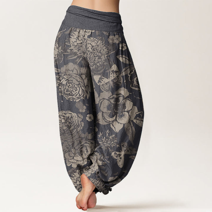 Pantaloni harem da donna in cotone puro con elastico in vita, motivo : Buddha Stones, fiori di peonia e foglie