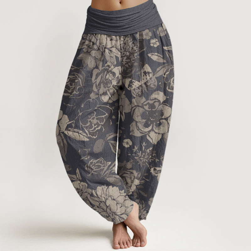 Pantaloni harem da donna in cotone puro con elastico in vita, motivo : Buddha Stones, fiori di peonia e foglie - Grigio scuro - US22, UK/AU26, EU54 (6XL) - image 0