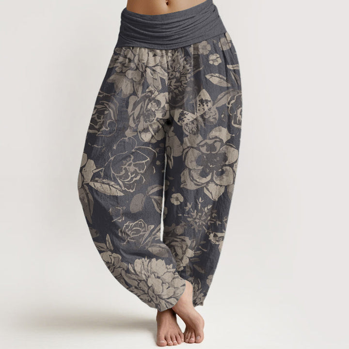 Pantaloni harem da donna in cotone puro con elastico in vita, motivo : Buddha Stones, fiori di peonia e foglie - Grigio scuro - US22, UK/AU26, EU54 (6XL) - image 0